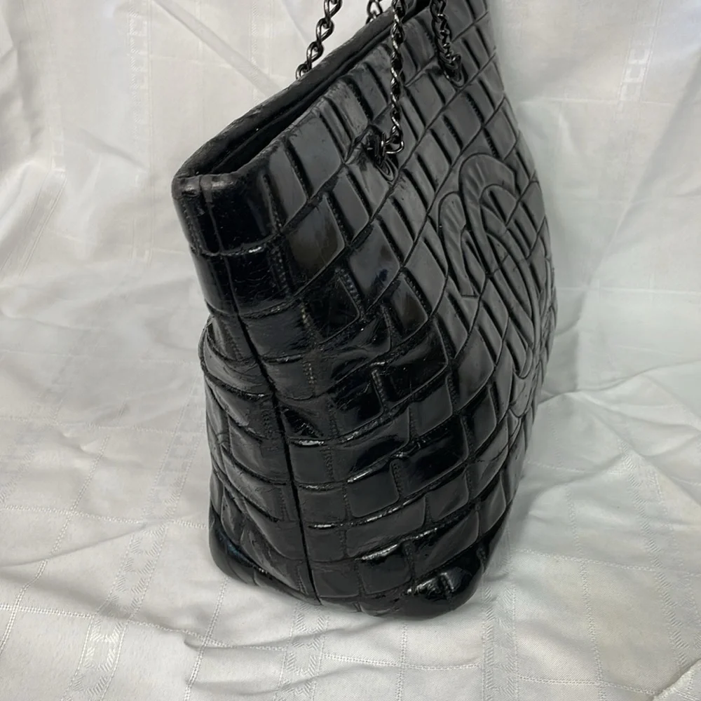 Chanel Brick Chocolate Bar Quilted Frozen Tote Bag Large Black Vinyl Chain Strap